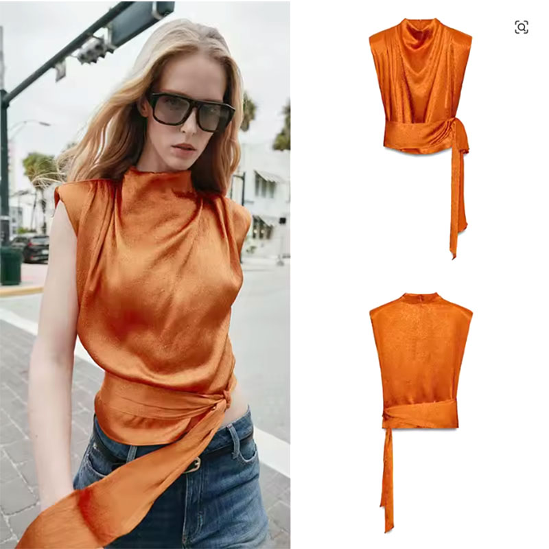 Shirt Camp Collar - Satin Shawl Collar Sleeveless Crop Top,